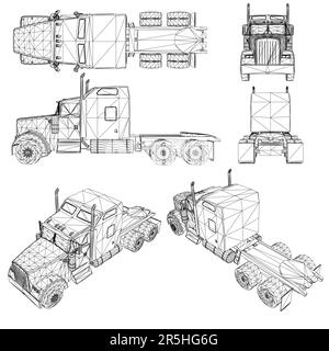 Set mit Drahtmodell eines Frachtwagens ohne Anhänger mit schwarzen Linien, isoliert auf weißem Hintergrund. Ansicht von vorne, Seite, Rückseite, Oben, isometrisch. 3D. Vec Stock Vektor