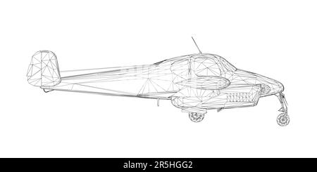 Flugzeugdrahtmodell mit Propeller aus schwarzen Linien, isoliert auf weißem Hintergrund. Seitenansicht. 3D. Vektordarstellung. Stock Vektor