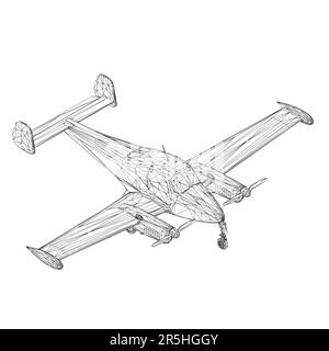 Flugzeugdrahtmodell mit Propeller aus schwarzen Linien, isoliert auf weißem Hintergrund. Isometrische Ansicht. 3D. Vektordarstellung. Stock Vektor