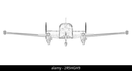 Flugzeugdrahtmodell mit Propeller aus schwarzen Linien, isoliert auf weißem Hintergrund. Vorderansicht. 3D. Vektordarstellung. Stock Vektor