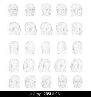 Mit einem Skelett eines Mannes Kopf in verschiedenen Positionen, von schwarzen Linien isoliert auf weißem Hintergrund. Der Kopf dreht sich um 15 Grad. Vorderansicht Stock Vektor