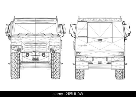 Black Line Combat Jeep Drahtmodell isoliert auf weißem Hintergrund. Vorder- und Rückansicht. 3D. Vektordarstellung. Stock Vektor