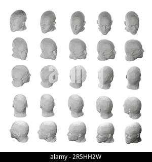 Set mit männlichem Kopfmodell in verschiedenen Positionen isoliert auf weißem Hintergrund. Der Kopf dreht sich um 15 Grad. Isometrische Ansicht. 3D. Vektordarstellung. Stock Vektor