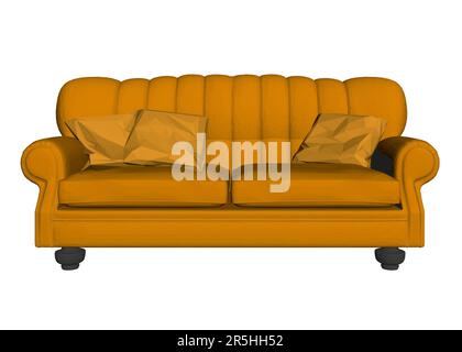 Niedriges Poly-Modell eines gelben Sofas mit isolierten Kissen auf weißem Hintergrund. Isometrische Ansicht. 3D. Vektordarstellung. Stock Vektor