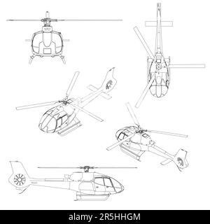 Mit Konturen eines detaillierten Hubschraubers aus schwarzen Linien auf weißem Hintergrund. Isometrische Ansicht, vorne, oben, Seite. Vektordarstellung. Stock Vektor