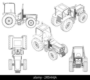 Mit den Konturen eines detaillierten Traktors aus schwarzen Linien auf weißem Hintergrund. Vorderansicht, Seitenansicht, isometrische Ansicht, Draufsicht. Vektordarstellung. Stock Vektor