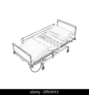 Krankenhausbett-Drahtdarstellung von schwarzen Linien isoliert auf weißem Hintergrund. Isometrische Ansicht. 3D. Vektordarstellung. Stock Vektor
