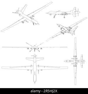 Mit Konturen von unbemannten Kampffahrzeugen aus schwarzen Linien, isoliert auf weißem Hintergrund. Seite, Unten, Oben, isometrische Ansicht. Vektorbeleuchtung Stock Vektor