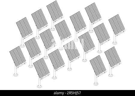 Umriss einer Reihe von Solarmodulen aus schwarzen Linien, die auf weißem Hintergrund isoliert sind. Isometrische Ansicht. 3D. Vektordarstellung. Stock Vektor