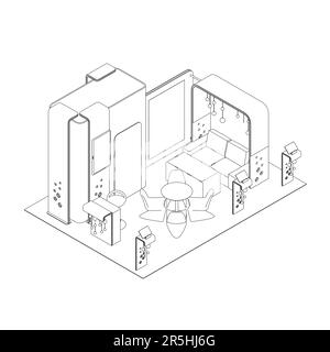 Die Kontur des Raumes mit Sesseln, Stühlen und Computern aus schwarzen Linien, isoliert auf weißem Hintergrund. Empfangskizze. Isometrische Ansicht. Vecto Stock Vektor