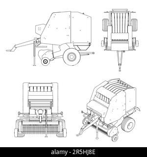 Set mit Konturen der Ernteausrüstung von schwarzen Linien isoliert auf weißem Hintergrund. Anhänger für Erntemaschine. Draufsicht, isometrisch, vorne, s Stock Vektor