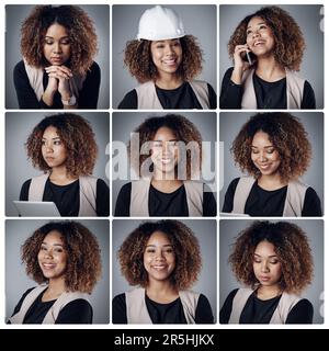 Sie gibt ihr jeden Tag alles. Composite-Aufnahme eines glücklichen Bauunternehmers, der vor einem grauen Hintergrund im Studio posiert. Stockfoto