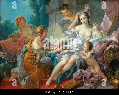 Die Toilette der Venus, gemalt von Francois Bouchard 1751. Obwohl heute kaum bekannt, war Francois Boucher einer der berühmtesten Maler des 18. Jahrhunderts in Frankreich. Er malte klassische Themen im Barock- und Rokoko-Stil. Seine Schirmherrin war Madame de Pompadour, und sein Werk war so beliebt, dass er schließlich Premier Peintre du ROI (erster Maler des Königs) wurde, ein angesehener Gerichtsstand im Antiker-Regime. Stockfoto