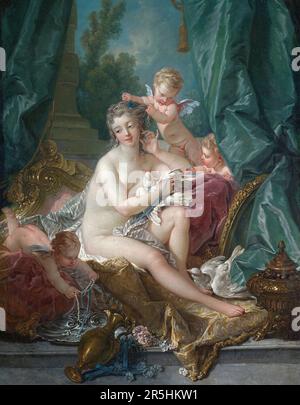 Die Toilette der Venus, gemalt von Francois Bouchard 1751. Obwohl heute kaum bekannt, war Francois Boucher einer der berühmtesten Maler des 18. Jahrhunderts in Frankreich. Er malte klassische Themen im Barock- und Rokoko-Stil. Seine Schirmherrin war Madame de Pompadour, und sein Werk war so beliebt, dass er schließlich Premier Peintre du ROI (erster Maler des Königs) wurde, ein angesehener Gerichtsstand im Antiker-Regime. Stockfoto