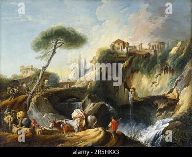 Blick auf Tivoli mit dem Tempel der Vesta, gemalt von Francois Bouchard. Obwohl heute kaum bekannt, war Francois Boucher einer der berühmtesten Maler des 18. Jahrhunderts in Frankreich. Er malte klassische Themen im Barock- und Rokoko-Stil. Seine Schirmherrin war Madame de Pompadour, und sein Werk war so beliebt, dass er schließlich Premier Peintre du ROI (erster Maler des Königs) wurde, ein angesehener Gerichtsstand im Antiker-Regime. Stockfoto