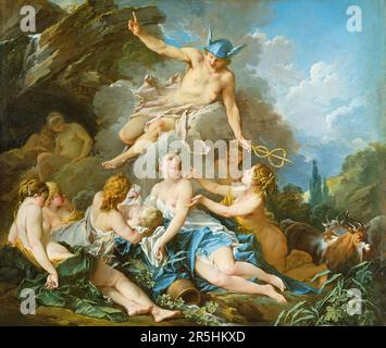 Mercury betraute den Säugling Bacchus den Nymphen von Nysa, gemalt von Francois Bouchard im Jahr 1734. Obwohl heute kaum bekannt, war Francois Boucher einer der berühmtesten Maler des 18. Jahrhunderts in Frankreich. Er malte klassische Themen im Barock- und Rokoko-Stil. Seine Schirmherrin war Madame de Pompadour, und sein Werk war so beliebt, dass er schließlich Premier Peintre du ROI (erster Maler des Königs) wurde, ein angesehener Gerichtsstand im Antiker-Regime. Stockfoto