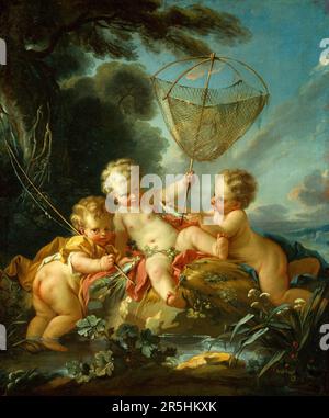 Putti als Fisherman gemalt von Francois Bouchard 1744. Obwohl heute kaum bekannt, war Francois Boucher einer der berühmtesten Maler des 18. Jahrhunderts in Frankreich. Er malte klassische Themen im Barock- und Rokoko-Stil. Seine Schirmherrin war Madame de Pompadour, und sein Werk war so beliebt, dass er schließlich Premier Peintre du ROI (erster Maler des Königs) wurde, ein angesehener Gerichtsstand im Antiker-Regime. Stockfoto