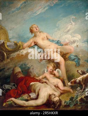 Venus, der den toten Adonis entdeckt, gemalt von Francois Bouchard. Obwohl heute kaum bekannt, war Francois Boucher einer der berühmtesten Maler des 18. Jahrhunderts in Frankreich. Er malte klassische Themen im Barock- und Rokoko-Stil. Seine Schirmherrin war Madame de Pompadour, und sein Werk war so beliebt, dass er schließlich Premier Peintre du ROI (erster Maler des Königs) wurde, ein angesehener Gerichtsstand im Antiker-Regime. Stockfoto