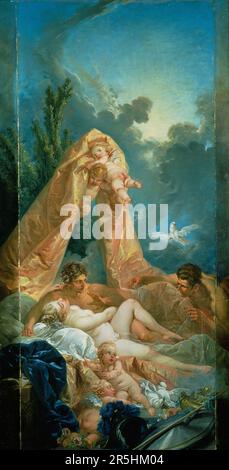 Mars und Venus überrascht von Vulkan gemalt von Francois Bouchard im Jahr 1754). Obwohl heute kaum bekannt, war Francois Boucher einer der berühmtesten Maler des 18. Jahrhunderts in Frankreich. Er malte klassische Themen im Barock- und Rokoko-Stil. Seine Schirmherrin war Madame de Pompadour, und sein Werk war so beliebt, dass er schließlich Premier Peintre du ROI (erster Maler des Königs) wurde, ein angesehener Gerichtsstand im Antiker-Regime. Stockfoto