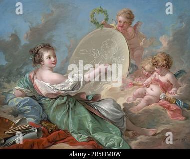 Allegorie der Malerei, gemalt von Francois Bouchard 1765. Obwohl heute kaum bekannt, war Francois Boucher einer der berühmtesten Maler des 18. Jahrhunderts in Frankreich. Er malte klassische Themen im Barock- und Rokoko-Stil. Seine Schirmherrin war Madame de Pompadour, und sein Werk war so beliebt, dass er schließlich Premier Peintre du ROI (erster Maler des Königs) wurde, ein angesehener Gerichtsstand im Antiker-Regime. Stockfoto