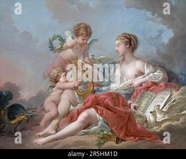 Allegory of Music, gemalt von Francois Bouchard 1764. Obwohl heute kaum bekannt, war Francois Boucher einer der berühmtesten Maler des 18. Jahrhunderts in Frankreich. Er malte klassische Themen im Barock- und Rokoko-Stil. Seine Schirmherrin war Madame de Pompadour, und sein Werk war so beliebt, dass er schließlich Premier Peintre du ROI (erster Maler des Königs) wurde, ein angesehener Gerichtsstand im Antiker-Regime. Stockfoto