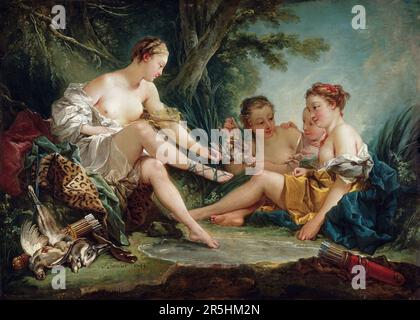 Diana kehrt von der Jagd zurück (gemalt von Francois Bouchard 1745. Obwohl heute kaum bekannt, war Francois Boucher einer der berühmtesten Maler des 18. Jahrhunderts in Frankreich. Er malte klassische Themen im Barock- und Rokoko-Stil. Seine Schirmherrin war Madame de Pompadour, und sein Werk war so beliebt, dass er schließlich Premier Peintre du ROI (erster Maler des Königs) wurde, ein angesehener Gerichtsstand im Antiker-Regime. Stockfoto