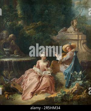 La Ledon de Musique, gemalt von Francois Bouchard. Obwohl heute kaum bekannt, war Francois Boucher einer der berühmtesten Maler des 18. Jahrhunderts in Frankreich. Er malte klassische Themen im Barock- und Rokoko-Stil. Seine Schirmherrin war Madame de Pompadour, und sein Werk war so beliebt, dass er schließlich Premier Peintre du ROI (erster Maler des Königs) wurde, ein angesehener Gerichtsstand im Antiker-Regime. Stockfoto