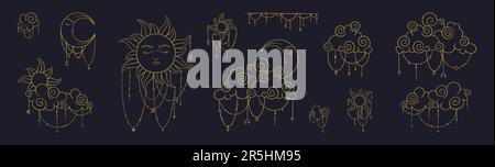 Esoterisches Set aus Tarotsonnen und Monden. Spirituelle goldene Elemente mit himmlischen und antiken Symbolen. Vektordarstellung isoliert auf weißem Hintergrund Stock Vektor
