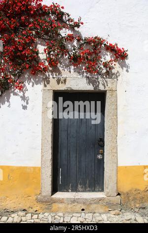 Eine traditionelle weiß getünchte Wand und Tür in Obidos Portugal Stockfoto