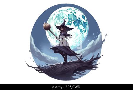Fliegende gruselige Illustration mit einer Hexe auf einem Besen und Vollmond. Stock Vektor