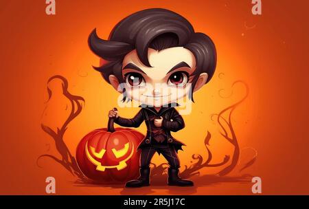 Frohes Halloween. Vektorsüsses Bild eines Vampirs mit Kürbis auf orangefarbenem Hintergrund Stock Vektor