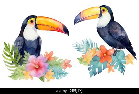 Aquarelle Darstellung des Tukanvogels inmitten der tropischen Blätter auf weißem Hintergrund Stock Vektor