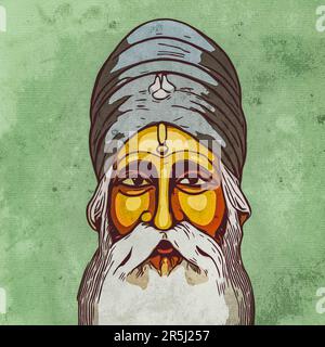 Aquarellmalerei auf Leinwand. Guru Nanak, indischer religiöser Reformer, Gründer und erster Guru des Sikhismus. Stockfoto