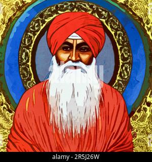 Aquarellmalerei auf Leinwand. Guru Nanak, indischer religiöser Reformer, Gründer und erster Guru des Sikhismus. Stockfoto