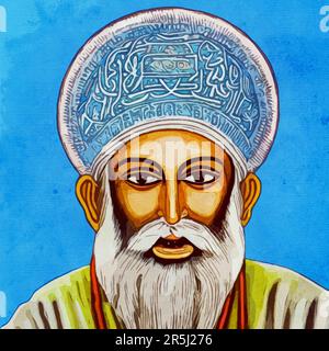 Aquarellmalerei auf Leinwand. Guru Nanak, indischer religiöser Reformer, Gründer und erster Guru des Sikhismus. Stockfoto