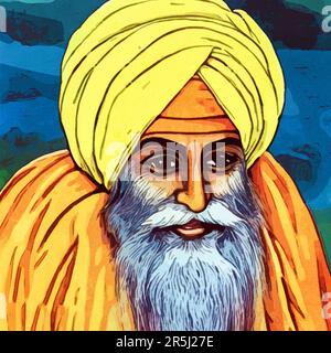 Aquarellmalerei auf Leinwand. Guru Nanak, indischer religiöser Reformer, Gründer und erster Guru des Sikhismus. Stockfoto