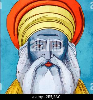 Aquarellmalerei auf Leinwand. Guru Nanak, indischer religiöser Reformer, Gründer und erster Guru des Sikhismus. Stockfoto