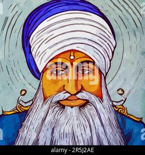 Aquarellmalerei auf Leinwand. Guru Nanak, indischer religiöser Reformer, Gründer und erster Guru des Sikhismus. Stockfoto