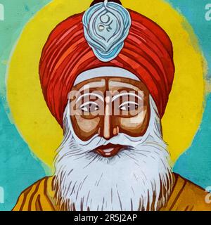 Aquarellmalerei auf Leinwand. Guru Nanak, indischer religiöser Reformer, Gründer und erster Guru des Sikhismus. Stockfoto