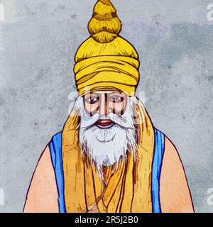 Aquarellmalerei auf Leinwand. Guru Nanak, indischer religiöser Reformer, Gründer und erster Guru des Sikhismus. Stockfoto