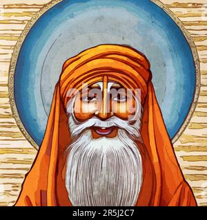 Aquarellmalerei auf Leinwand. Guru Nanak, indischer religiöser Reformer, Gründer und erster Guru des Sikhismus. Stockfoto