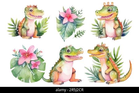 Aquarellfarben Darstellung eines süßen Krokodils isoliert auf weißem Hintergrund Stock Vektor
