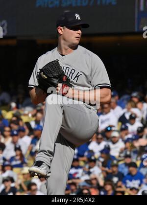 Los Angeles, Usa. 03. Juni 2023. Der erste Pitcher der New York Yankees, Gerrit Cole, wird am Samstag, den 3. Juni 2023, im vierten Inning gegen die Los Angeles Dodgers im Dodger Stadium in Los Angeles geliefert. Foto: Jim Ruymen/UPI Credit: UPI/Alamy Live News Stockfoto