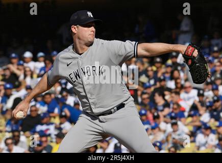 Los Angeles, Usa. 03. Juni 2023. Der erste Pitcher der New York Yankees, Gerrit Cole, wird am Samstag, den 3. Juni 2023, im vierten Inning gegen die Los Angeles Dodgers im Dodger Stadium in Los Angeles geliefert. Foto: Jim Ruymen/UPI Credit: UPI/Alamy Live News Stockfoto