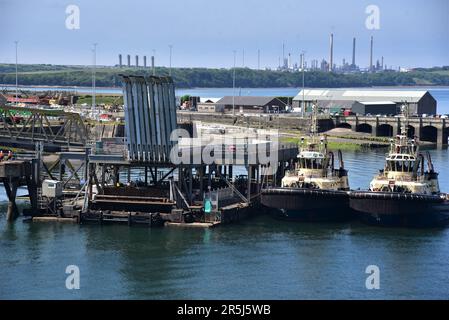 Irish Ferries neue Kreuzfahrtfähre auf der Irischen See MS OSCAR WILDE im Hafen von Rosslare und nach der Überquerung der Irischen See am Pembroke Dock Stockfoto