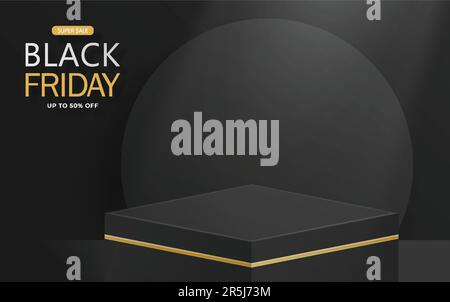 3D quadratische Podiumsbühne für den Black Friday Sale Poster mit schwarzem Papierschnitt und Kunsthandwerk auf farbigem Hintergrund für Banner, Poster oder Website Stock Vektor