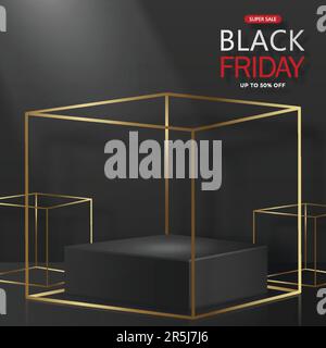 3D quadratische Podiumsbühne für den Black Friday Sale Poster mit schwarzem Papierschnitt und Kunsthandwerk auf farbigem Hintergrund für Banner, Poster oder Website Stock Vektor