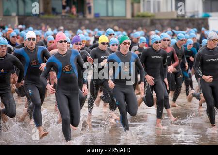 Meeresschwimmer laufen ins Wasser, um am Sonntag, den 15. April 2007, den King of the Bay zu starten. Ocean Swim, North Shore City, Auckland, Neuseeland. Stockfoto