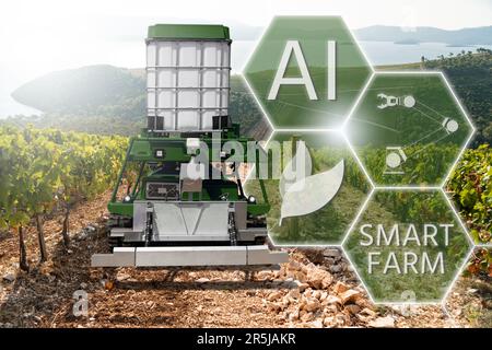 Autonome Robotersprühgeräte arbeiten in einem Weinberg. Konzept der intelligenten Landwirtschaft Stockfoto