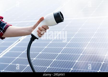 Hand mit Ladestecker für Elektrofahrzeuge auf einem Hintergrund des Solarmoduls Stockfoto